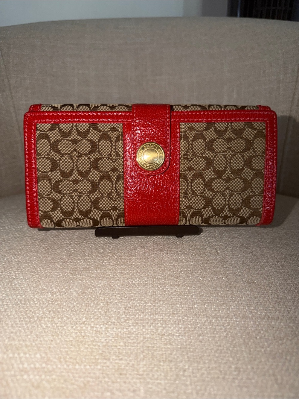 Coach Brown Signature Canvas Wallet with Red Trim